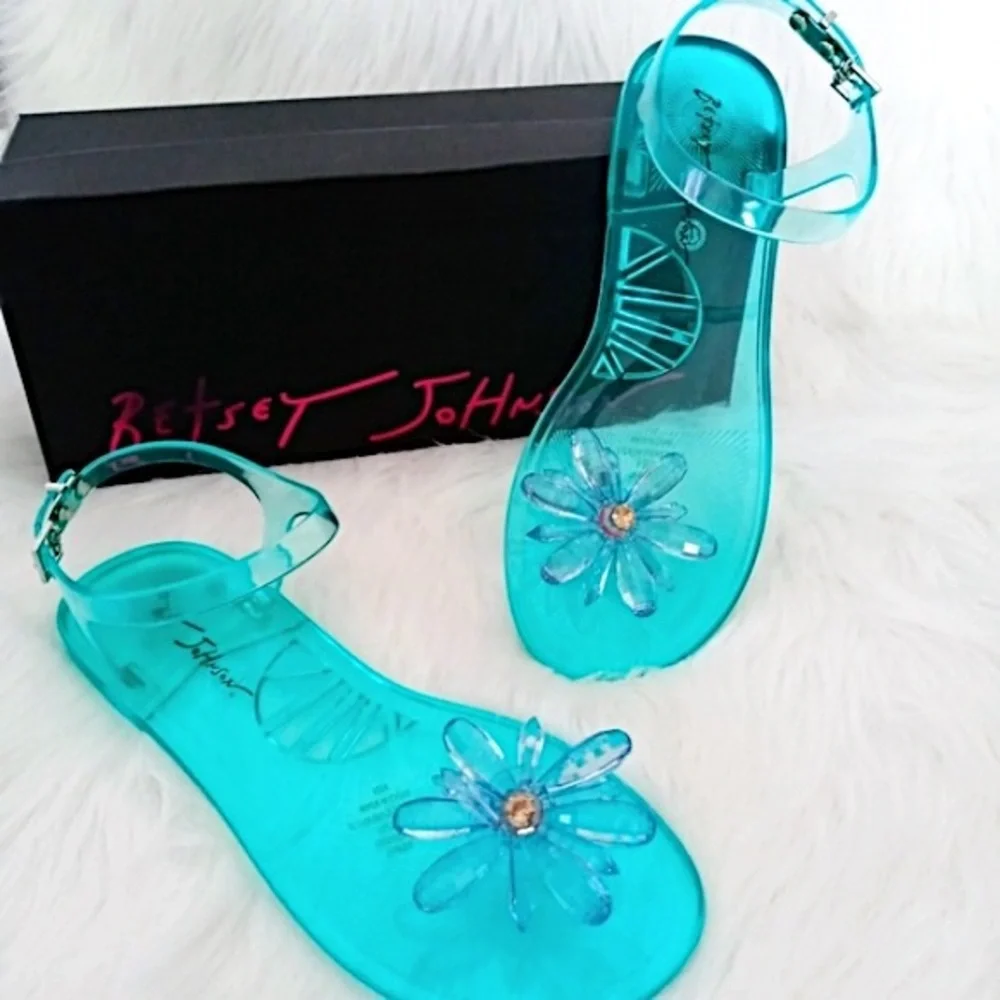 Betsey Johnson Tabby Jelly Sandals Teal Flower - Picture 1 of 6